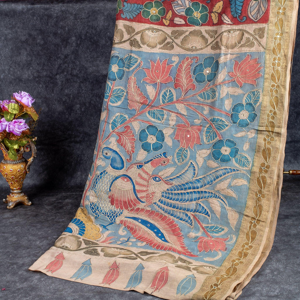 Pure Handloom Khadi Linen Tussar Saree with Hand-Painted Kalamkari & Aari Work – Deep Maroon - Kleem Boutique