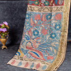 Pure Handloom Khadi Linen Tussar Saree with Hand-Painted Kalamkari & Aari Work – Deep Maroon - Kleem Boutique