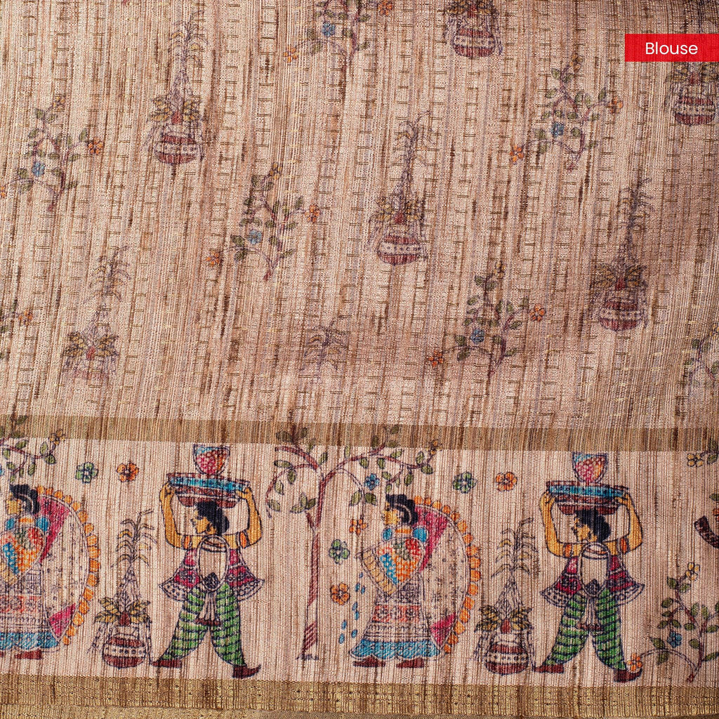 Semi Tussar Silk Saree – Zari Dotted Lines with Madhubani Pallu - Kleem Boutique