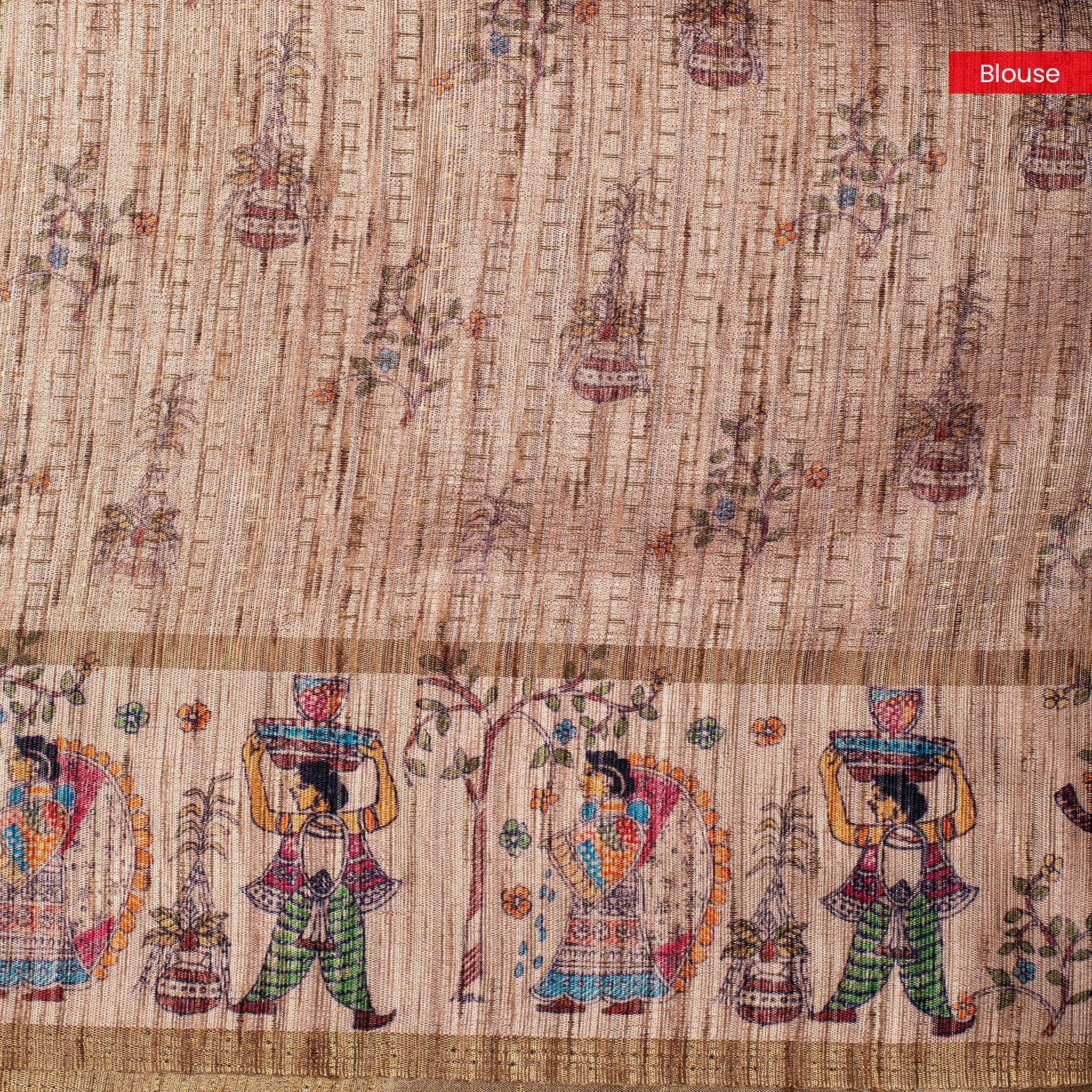 Semi Tussar Silk Saree – Zari Dotted Lines with Madhubani Pallu - Kleem Boutique