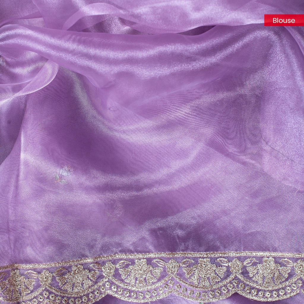 Tissue Kora Saree with Embroidery Work on the Border- Lavender - Kleem Boutique