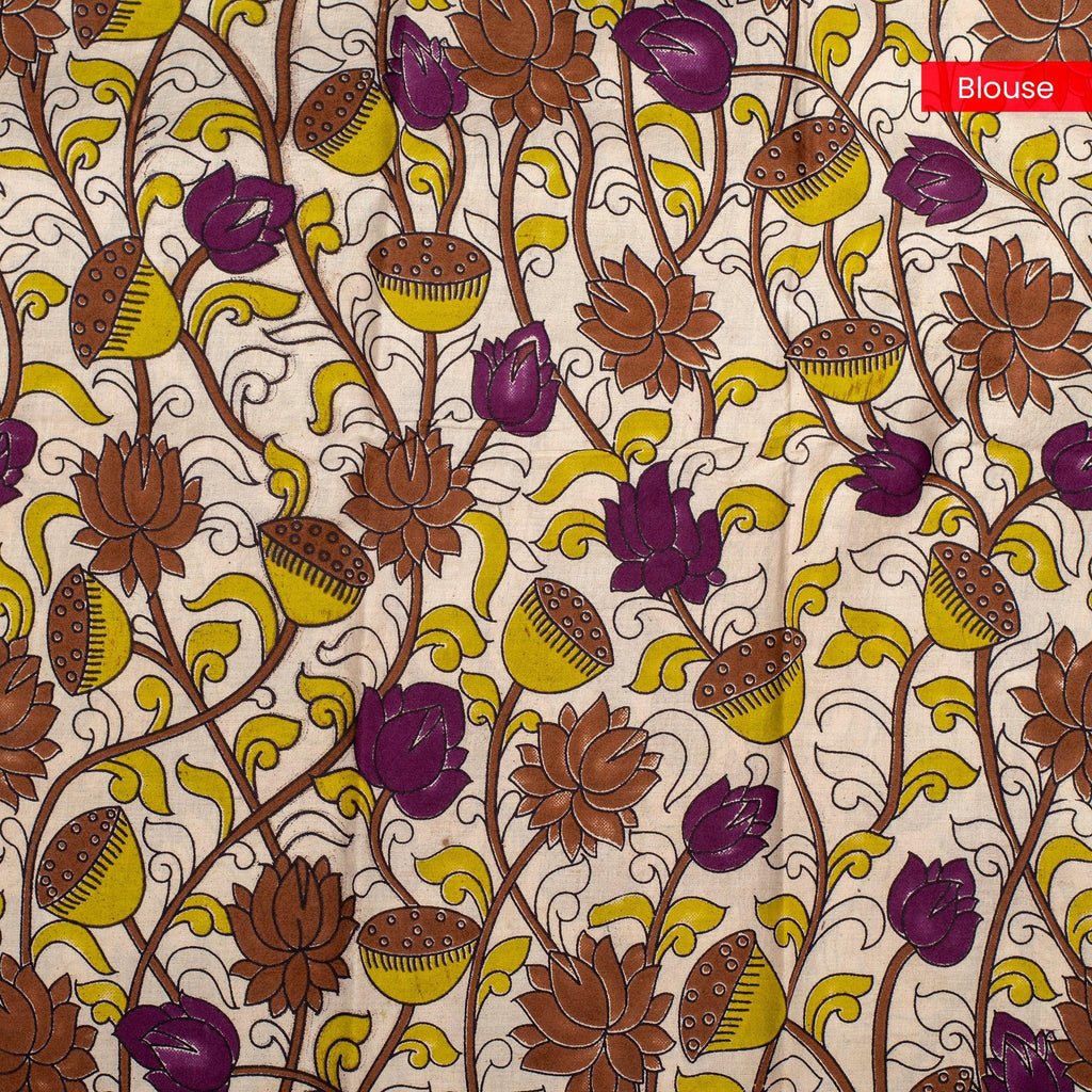 Pure Handloom MG Cotton Saree with Kalamkari Patch Work - Brown - Kleem Boutique