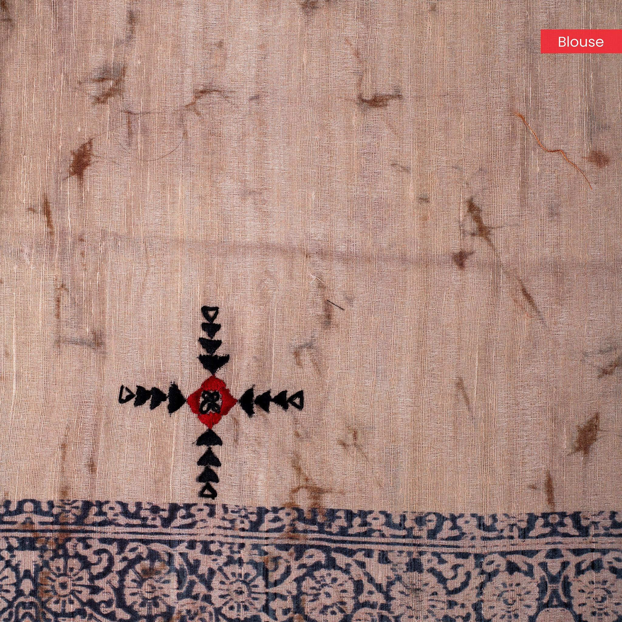 Semi Tussar Silk Saree – Dabu Print with Kantha Work Pallu - Kleem Boutique