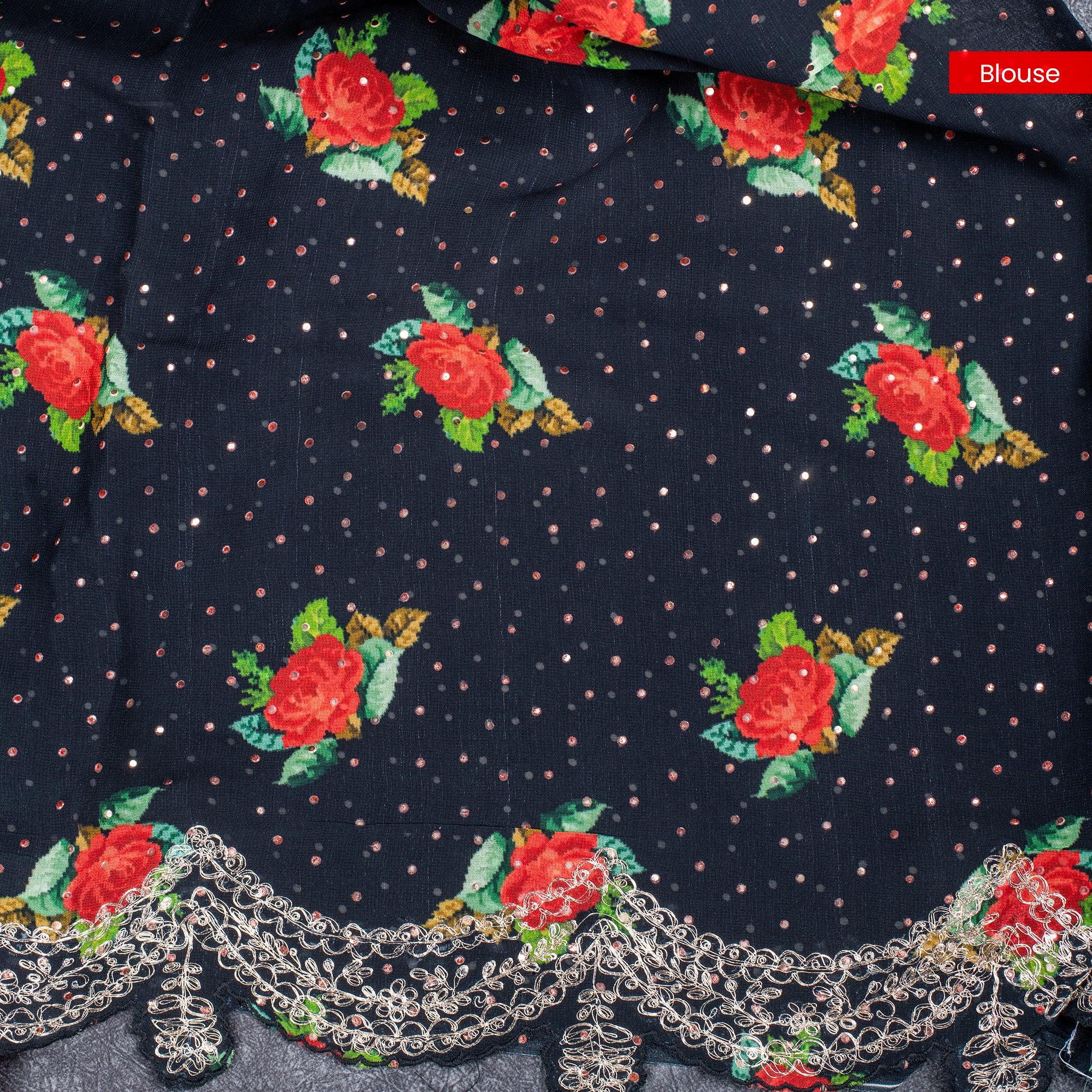 Black Digitally Printed Georgette Saree with Mukesh & Scallop Pitta Work - Black