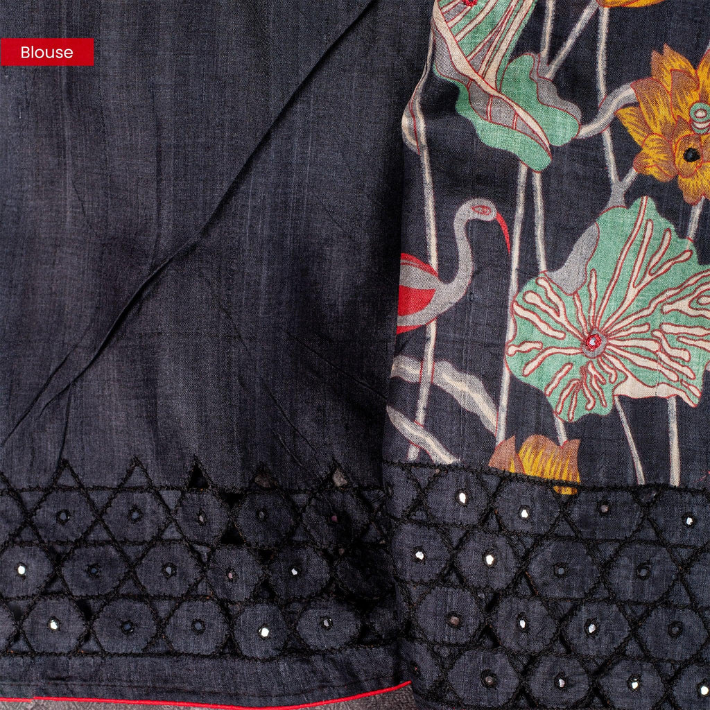 Pure Handloom Tussar Silk Black Saree with Floral & Bird Digital Print and Mirror Cutwork - Kleem Boutique