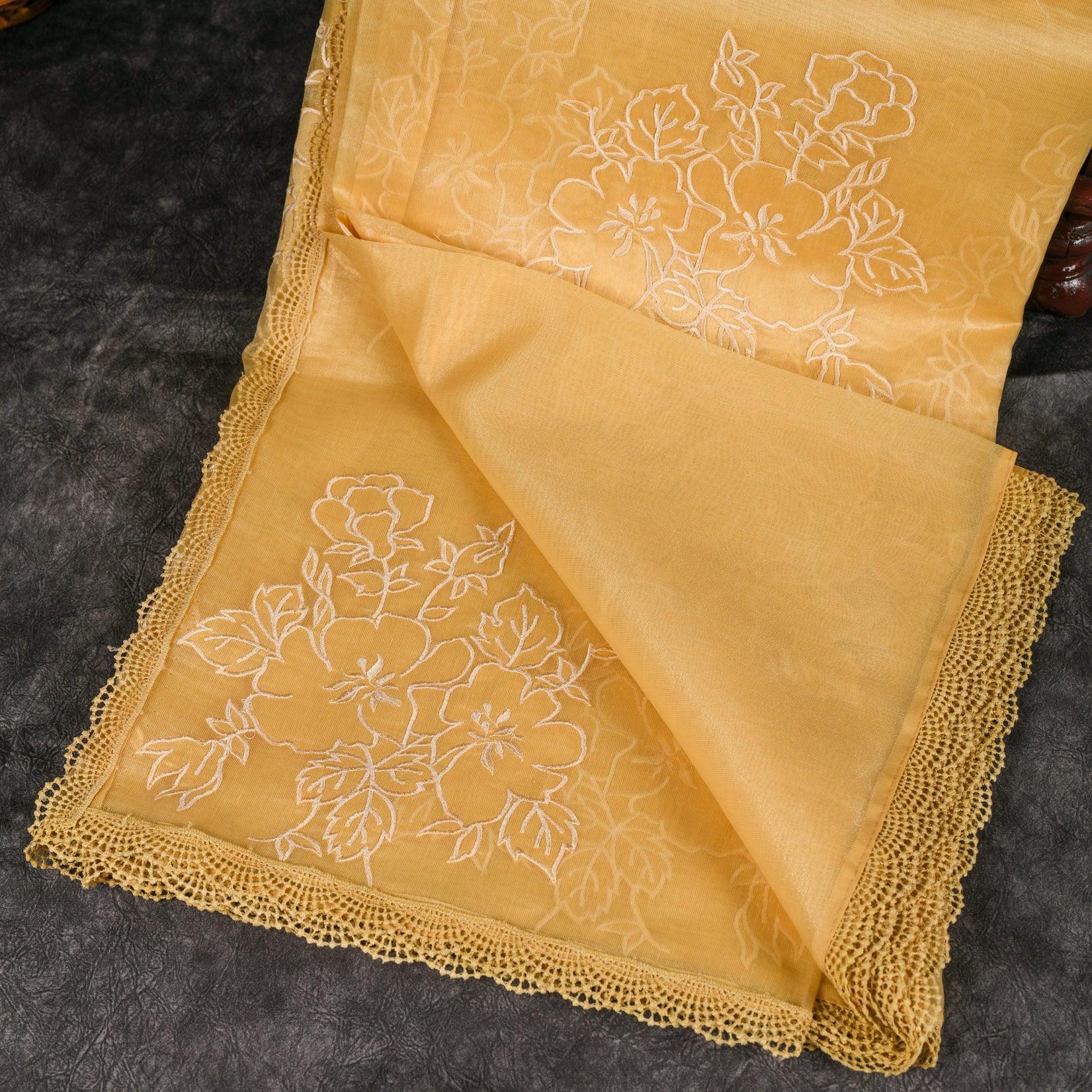 Soft Tissue Organza Pale Yellow Saree with Floral Applique &amp; Crochet Lace Border - Kleem Boutique