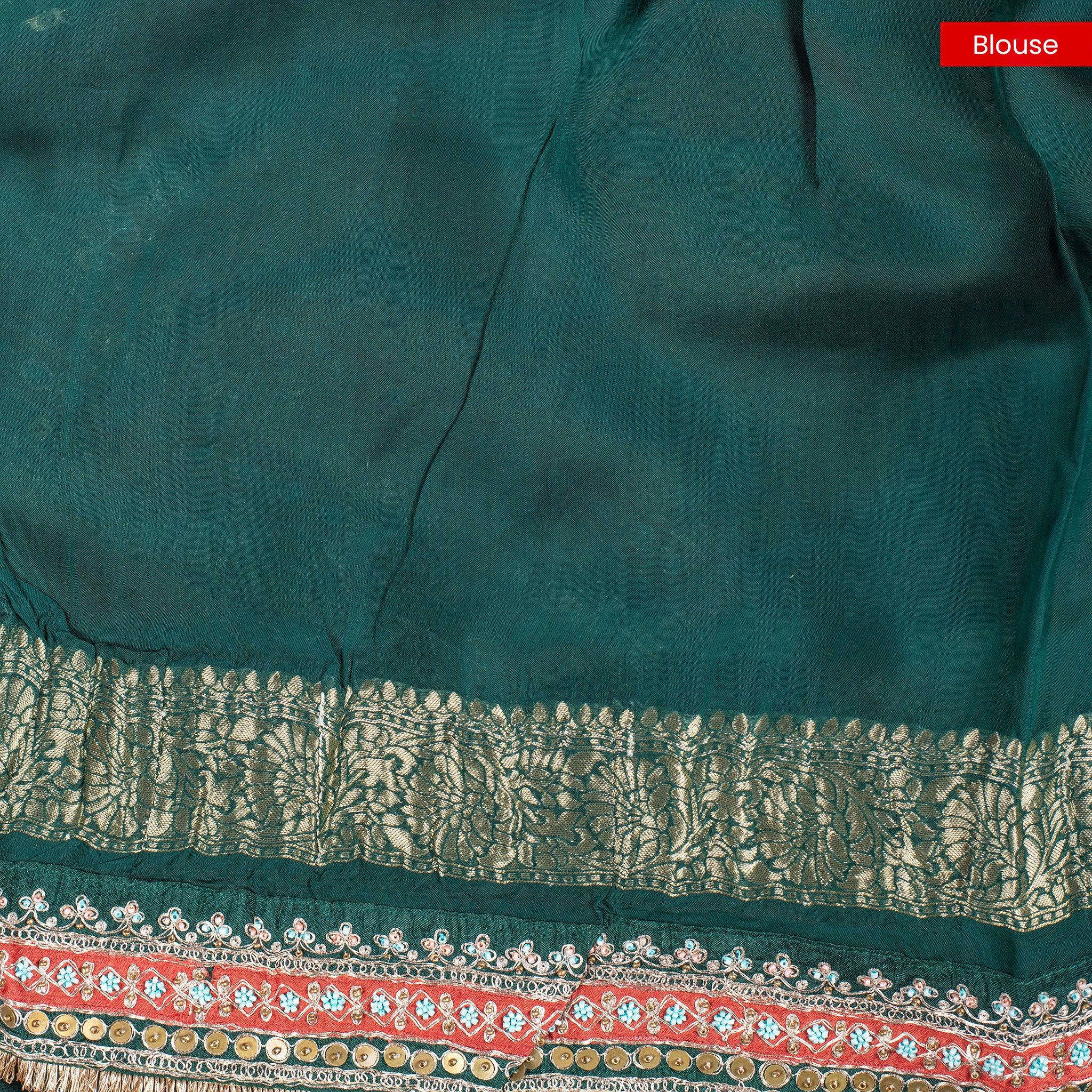 Satin Organza Saree with Banarasi Border & Kiran Patti – Bottle Green