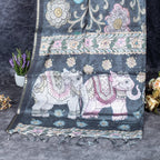 Semi Tussar Silk Saree – Kalamkari Floral & Animal Motifs - Kleem Boutique