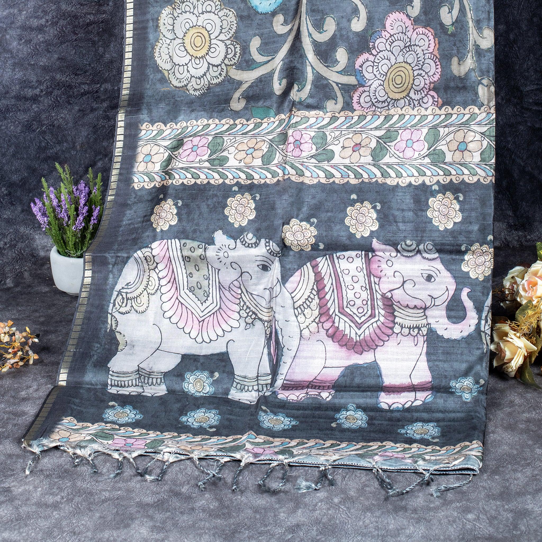 Semi Tussar Silk Saree – Kalamkari Floral & Animal Motifs - Kleem Boutique