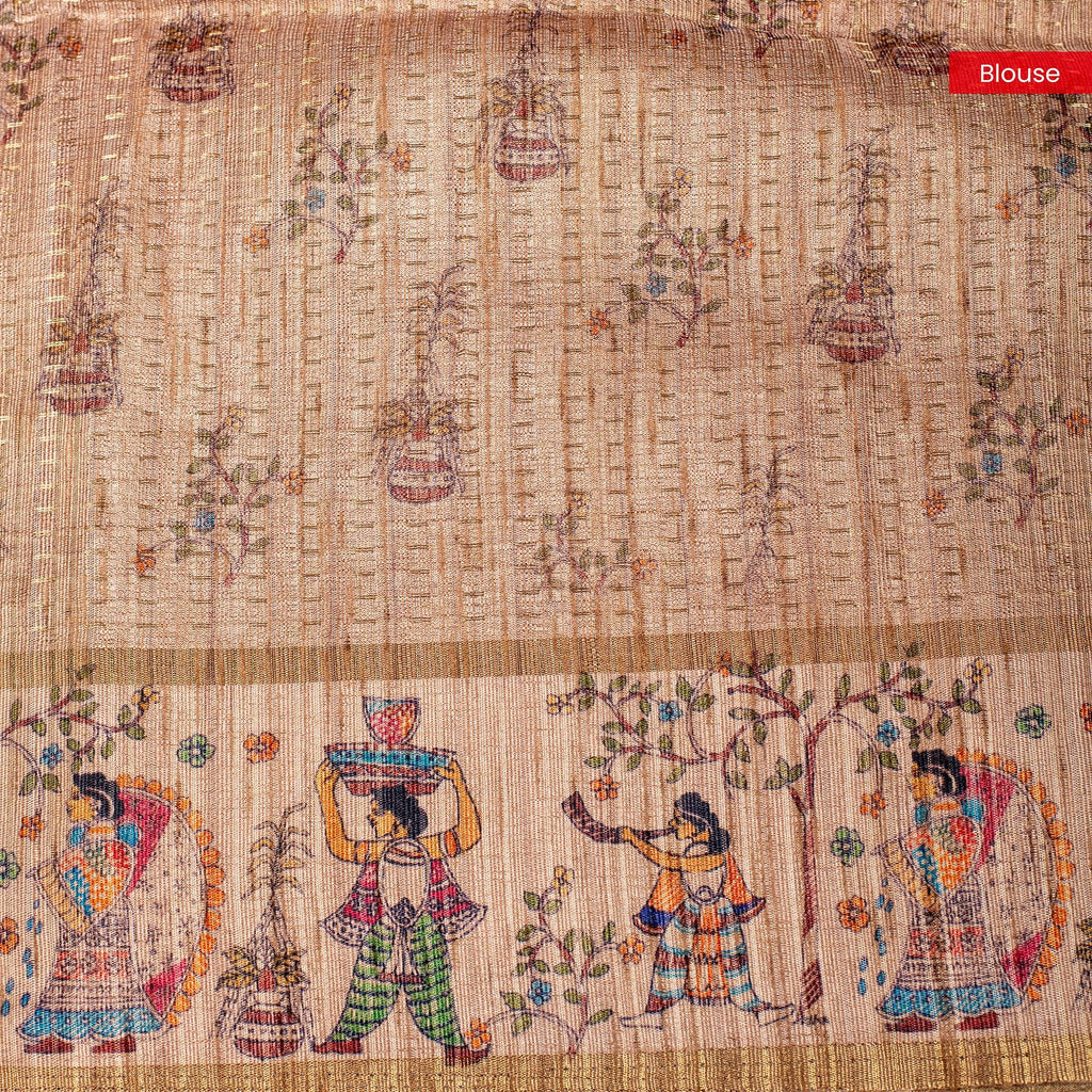 Semi Tussar Silk Saree – Zari Dotted Lines with Madhubani Pallu - Kleem Boutique