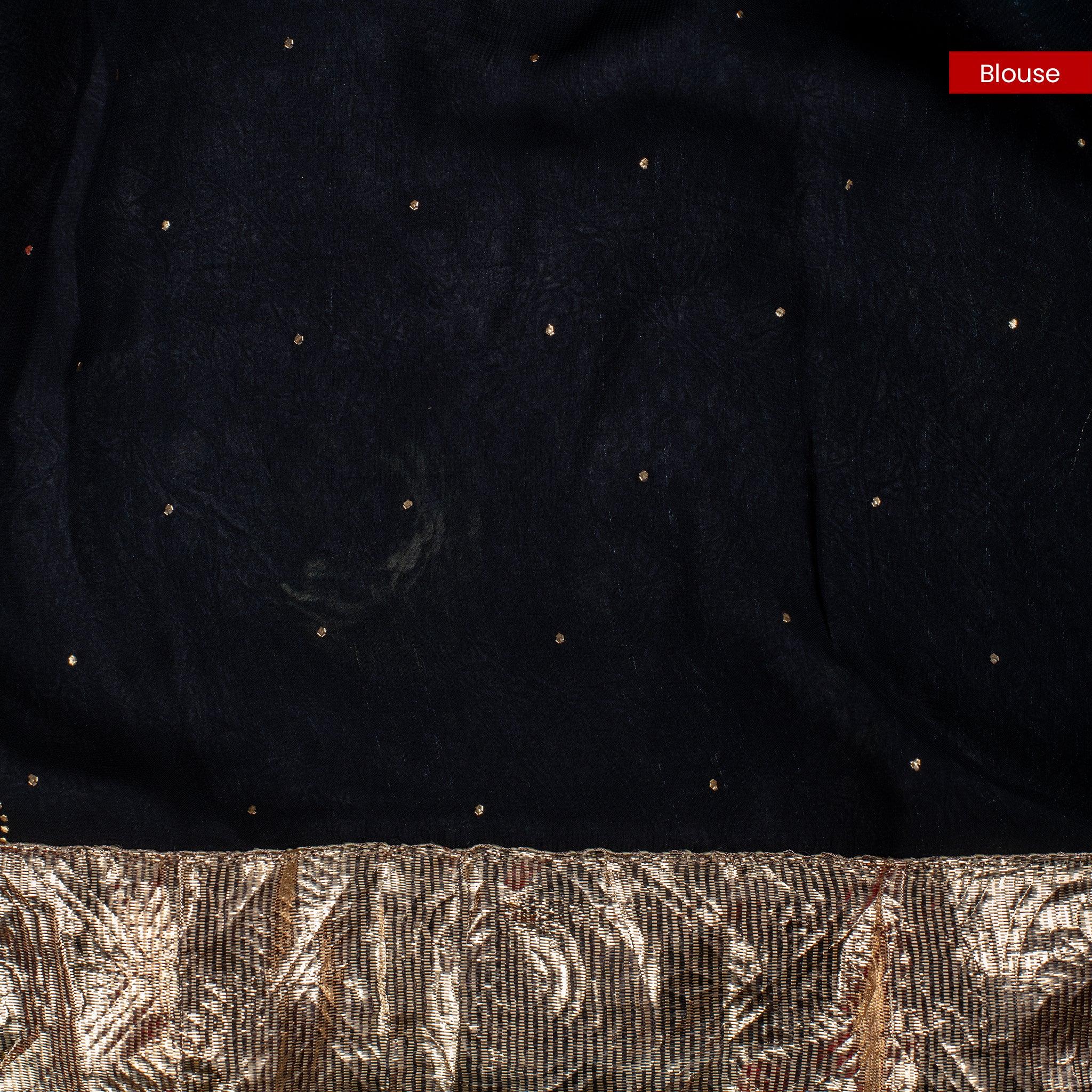 Pure Handloom Georgette Saree with Digital Print & Mukesh Work - Black with Sea Green Combo - Kleem Boutique