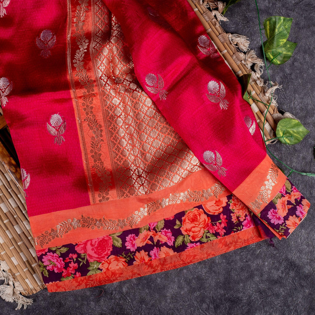 Raw Mango Saree – Pink with Orange Digital Print & Buttis - Kleem Boutique