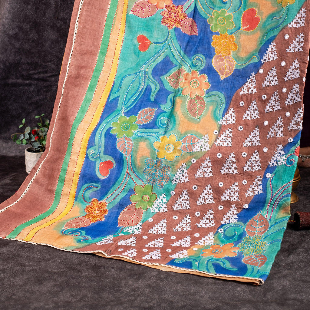 Pure Handloom Tussar Silk Multicolour Saree with Floral Digital Print, Kantha & Kutch Work - Kleem Boutique