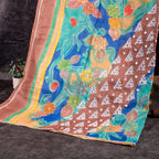 Pure Handloom Tussar Silk Multicolour Saree with Floral Digital Print, Kantha & Kutch Work - Kleem Boutique