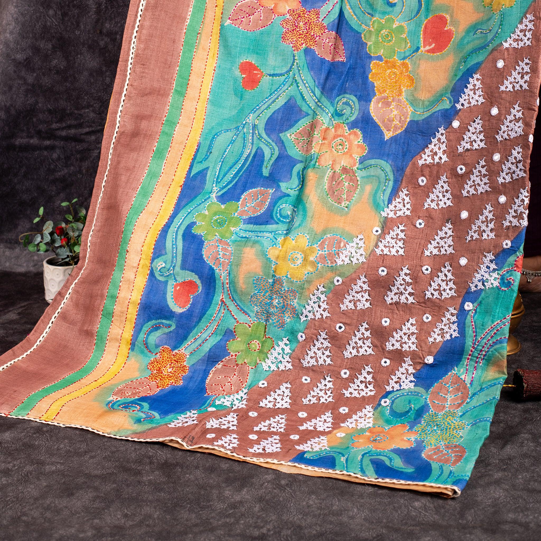 Pure Handloom Tussar Silk Multicolour Saree with Floral Digital Print, Kantha & Kutch Work - Kleem Boutique