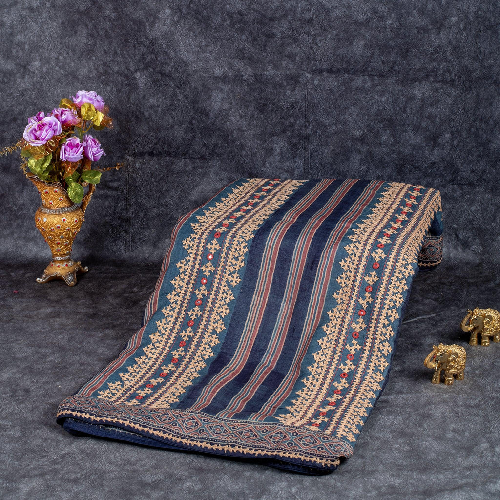 Pure Handloom Tussar Ajrakh Saree with Kutch Embroidery – Indigo Blue - Kleem Boutique