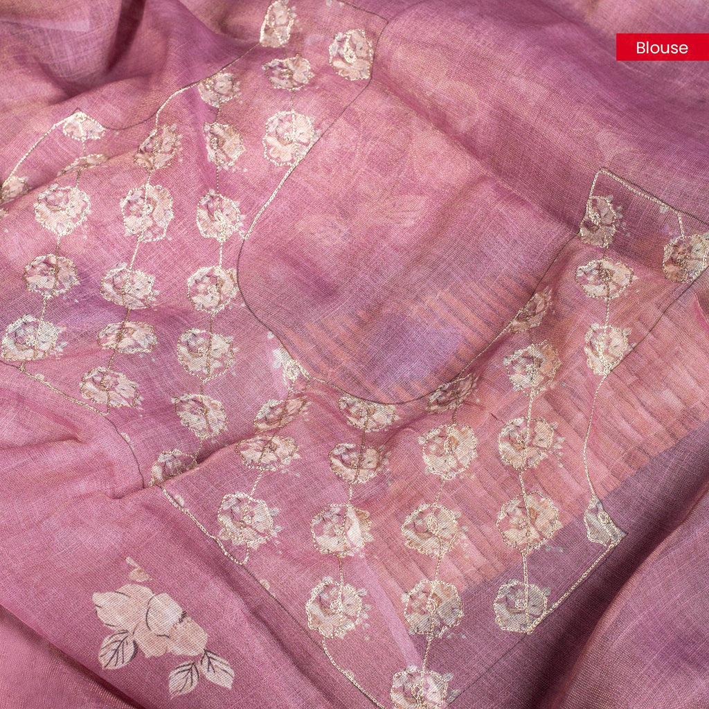 Linen Tissue Silk Saree with Floral Embroidery - Soft Purple - Kleem Boutique