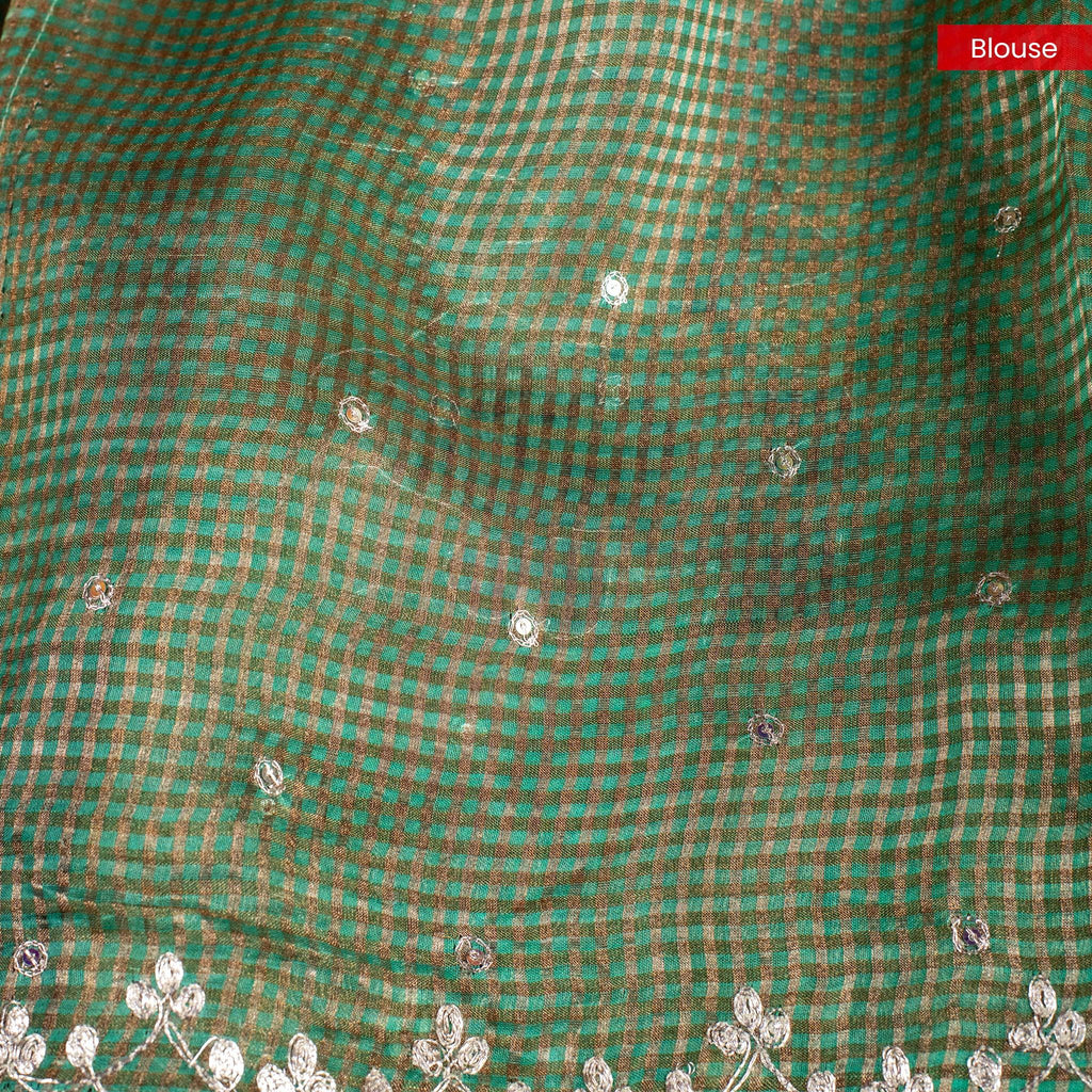 Pure Handloom Tissue Organza Saree with Self Checks, Aari Work & Scallop Border – Sage Green - Kleem Boutique