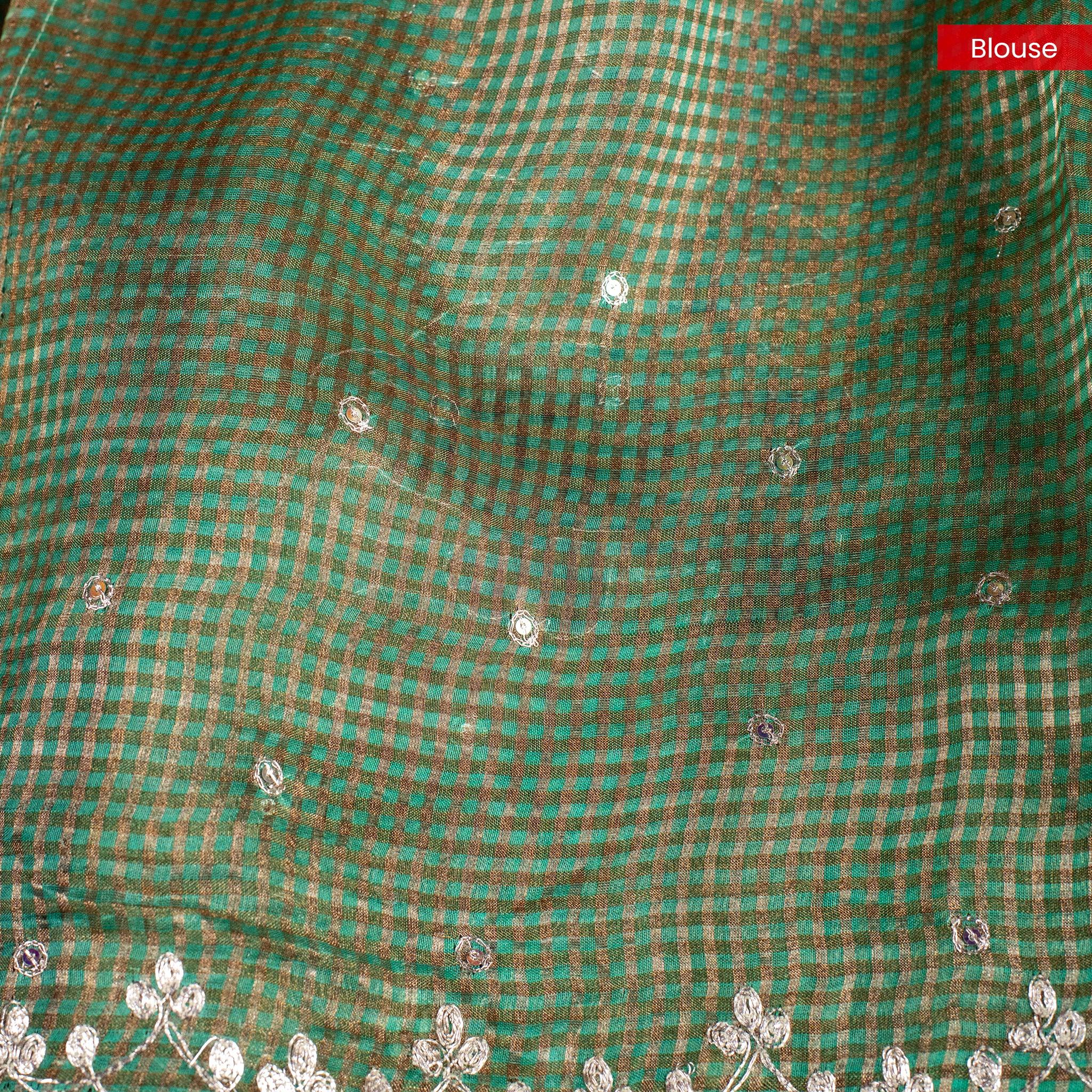 Pure Handloom Tissue Organza Saree with Self Checks, Aari Work & Scallop Border – Sage Green - Kleem Boutique