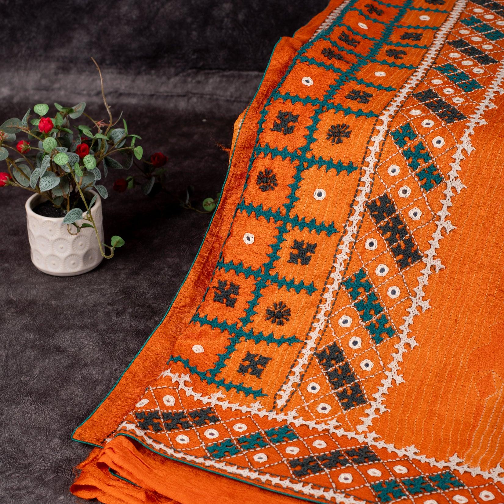 Pure Handloom Tussar Silk Orange Saree with Digital Print &amp; Kutch Work Secondary image