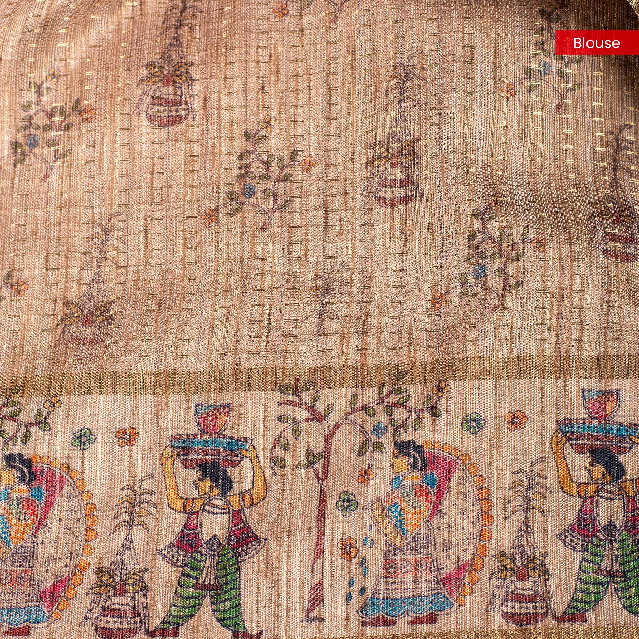 Semi Tussar Silk Saree – Zari Dotted Lines with Madhubani Pallu - Kleem Boutique