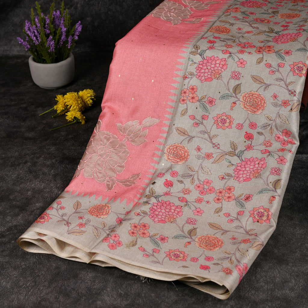 Semi Tussar Silk Coral Pink Saree with Applique Embroidery - Kleem Boutique