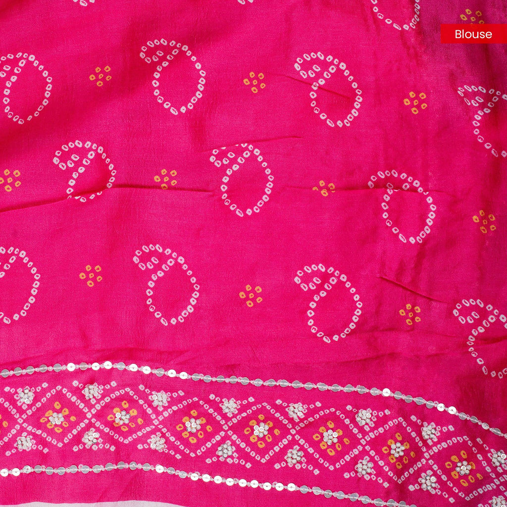 Imported Satin Crepe Saree with Bandhani Print & Hand Embroidery – Off-White & Pink - Kleem Boutique