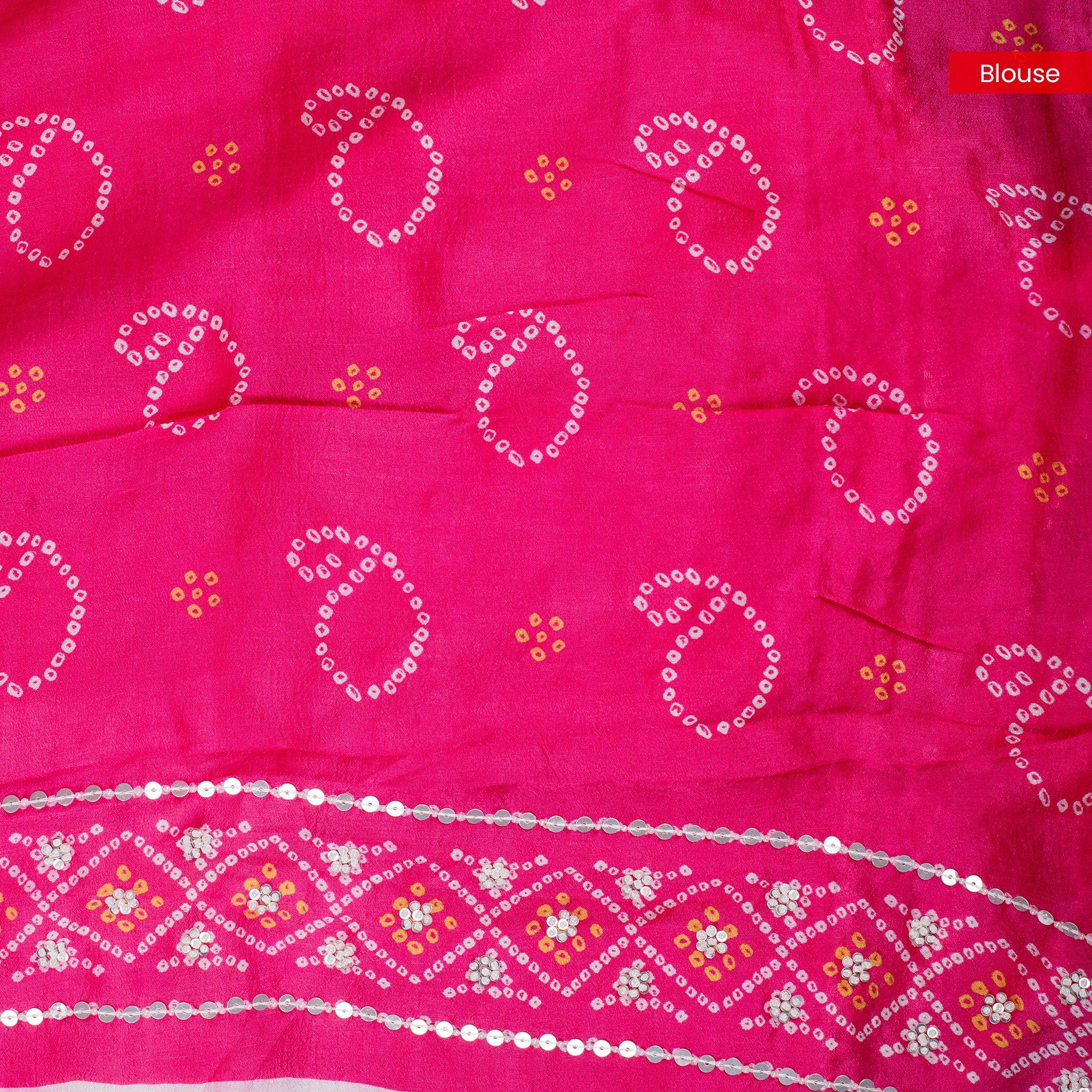 Imported Satin Crepe Saree with Bandhani Print & Hand Embroidery – Off-White & Pink - Kleem Boutique