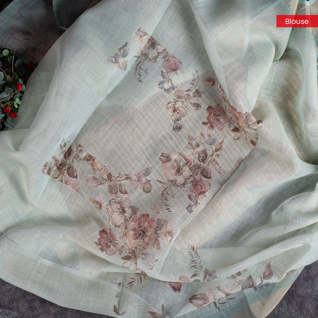 Linen Tissue Silk Saree – Floral Embroidery Highlight -Sea Green - Kleem Boutique