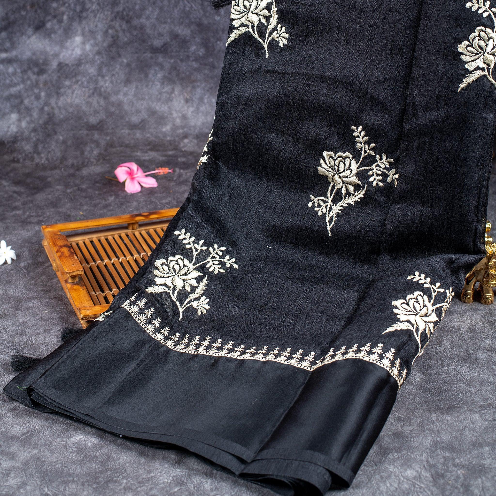 Handloom Cotton Silk Saree with Embroidery Work - Black - Kleem Boutique