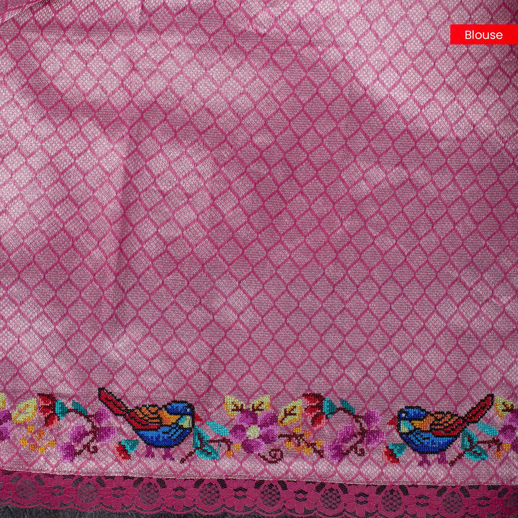 Pure Handloom Banarasi Kora Saree with Pink Stripes & Pitta Work