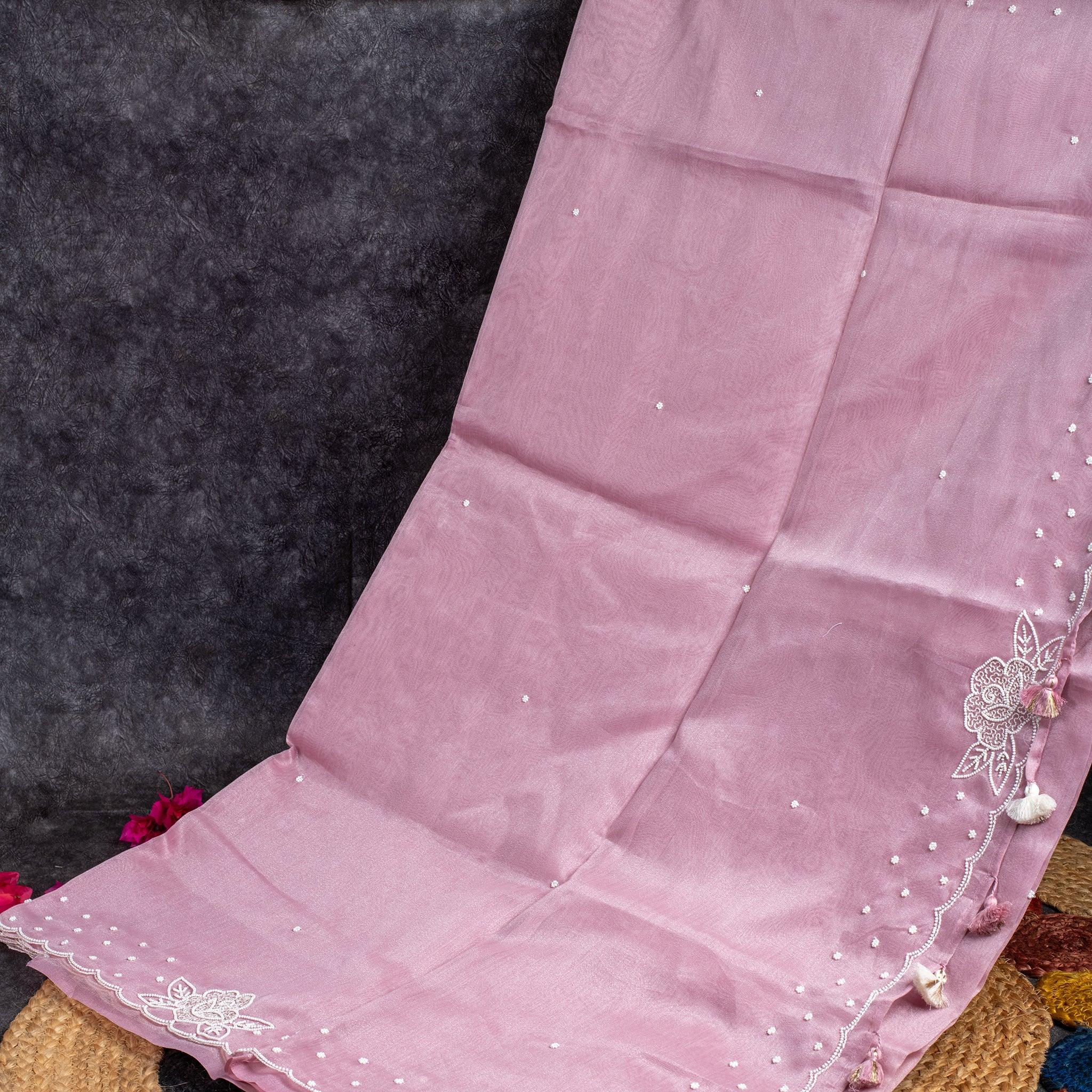 Jute Tissue Silk Saree with Mothi Embroidery – Onion Pink - Kleem Boutique