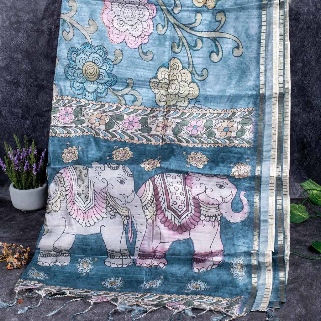 Semi Tussar Silk Saree – Kalamkari Floral & Animal Motifs - Kleem Boutique