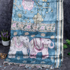 Semi Tussar Silk Saree – Kalamkari Floral & Animal Motifs - Kleem Boutique