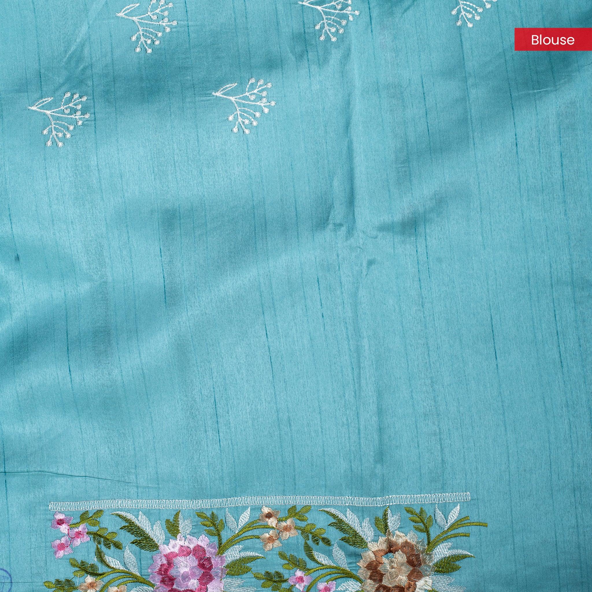 Semi Tussar Silk Saree – Organza & Tussar Fusion with Floral Embroidery - Siege Blue - Kleem Boutique