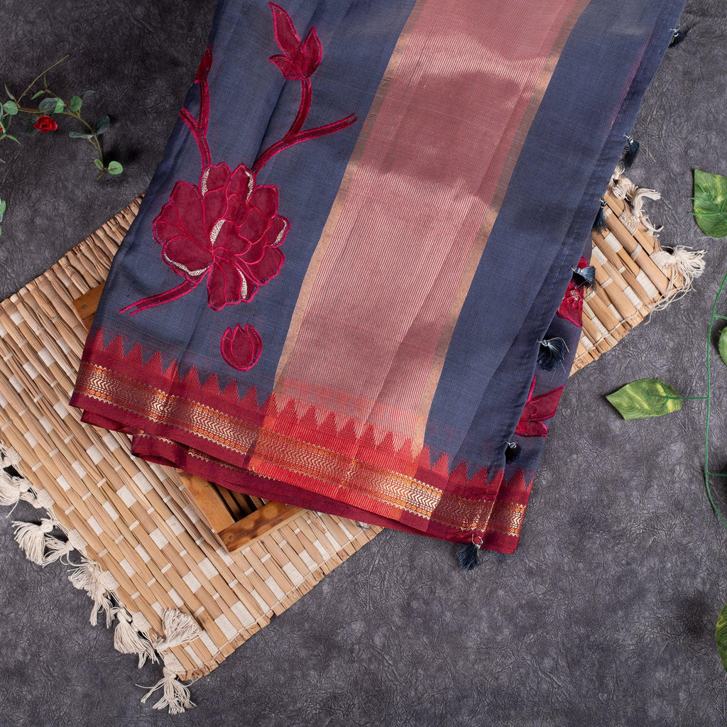 Semi Tussar Silk Saree – Vidarbha Style with Applique Work - Kleem Boutique