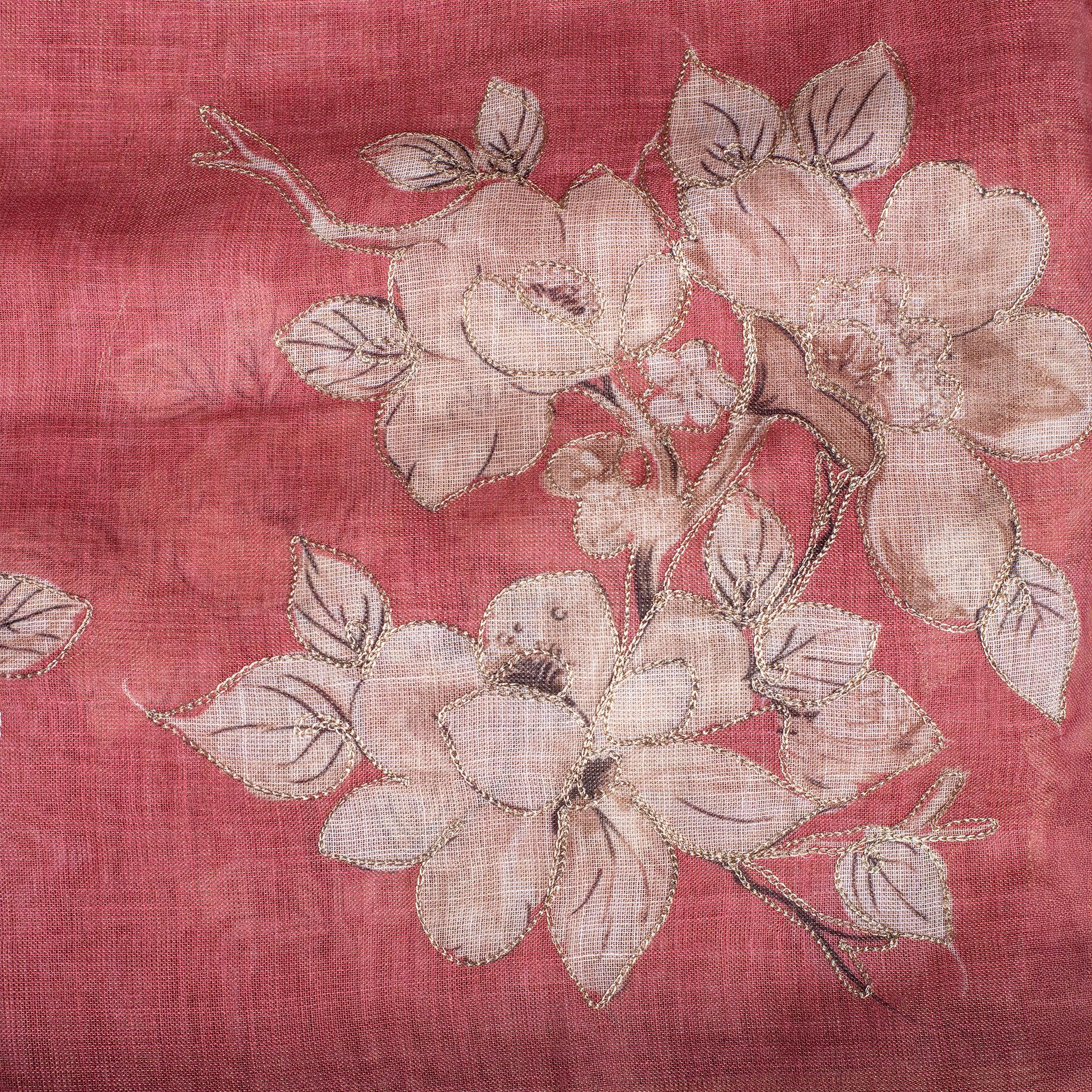 Linen Tissue Silk Saree with Floral Embroidery – Rust Colour - Kleem Boutique
