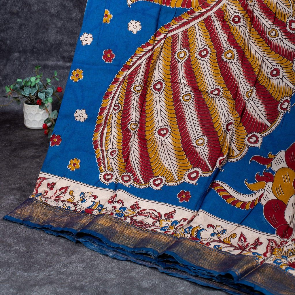 Pure Handloom Nizam Border Silk Saree with Kalamkari Print - Red & Blue - Kleem Boutique