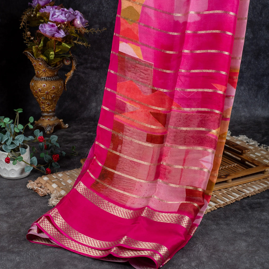 Shrinagar Silk Saree – Chinnon Crepe Fabric - Rani Pink - Kleem Boutique