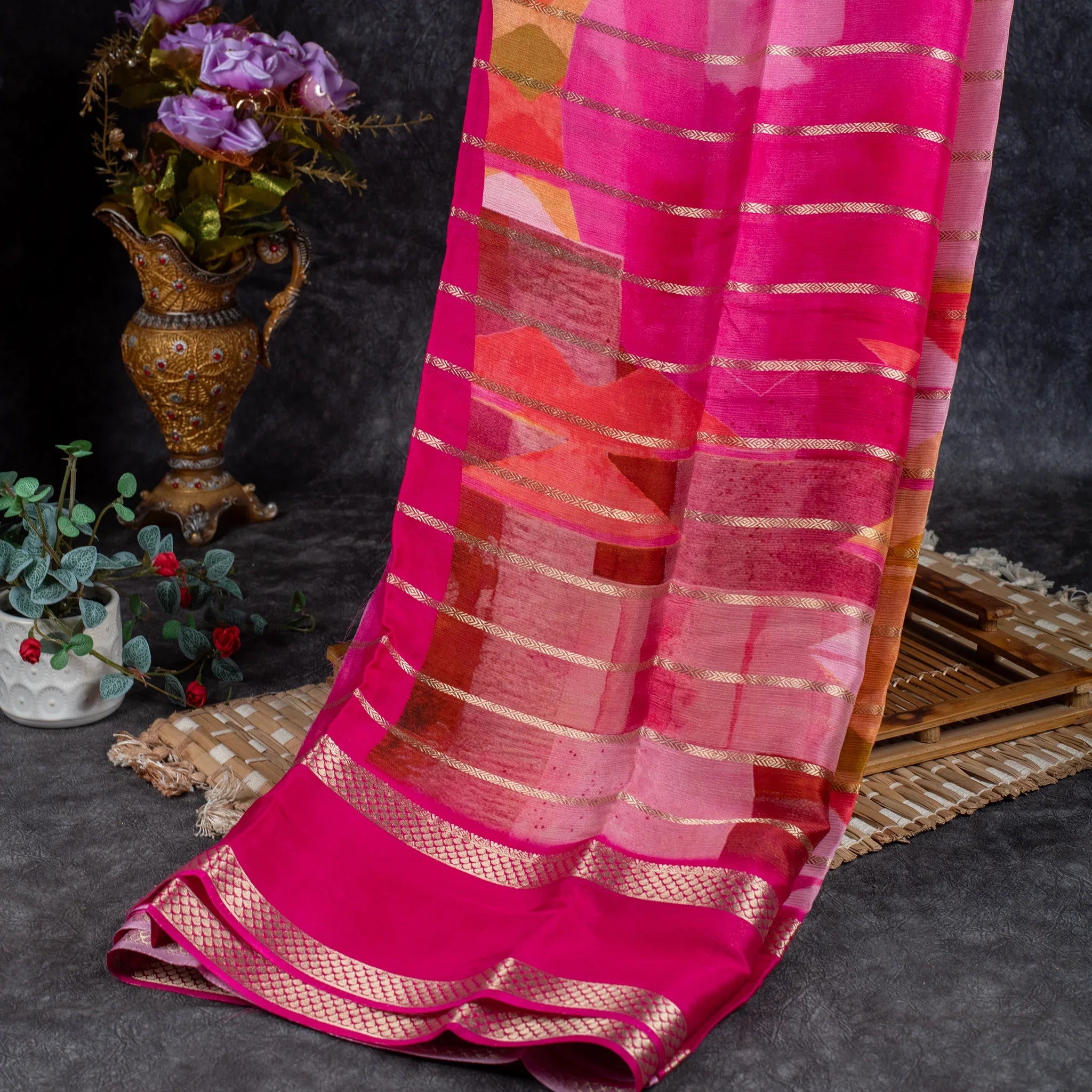 Shrinagar Silk Saree – Chinnon Crepe Fabric - Rani Pink - Kleem Boutique