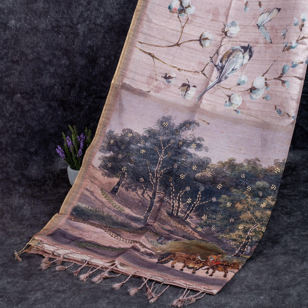 Soft Semi Tussar Silk Saree – Bird & Floral Digital Print - Kleem Boutique