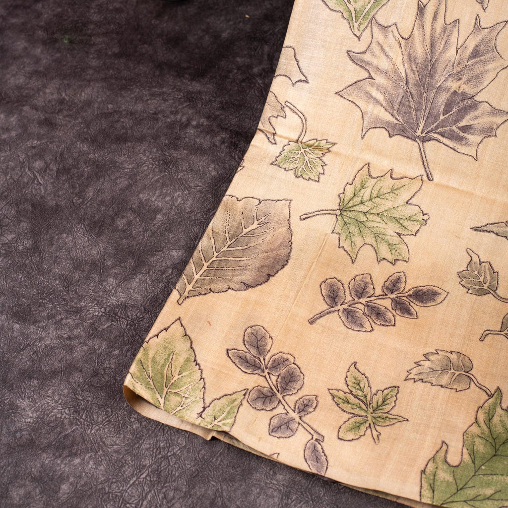 Pure Handloom Tussar Eco Printed Off-White & Grey Saree with Contrast Pallu and Blouse - Kleem Boutique