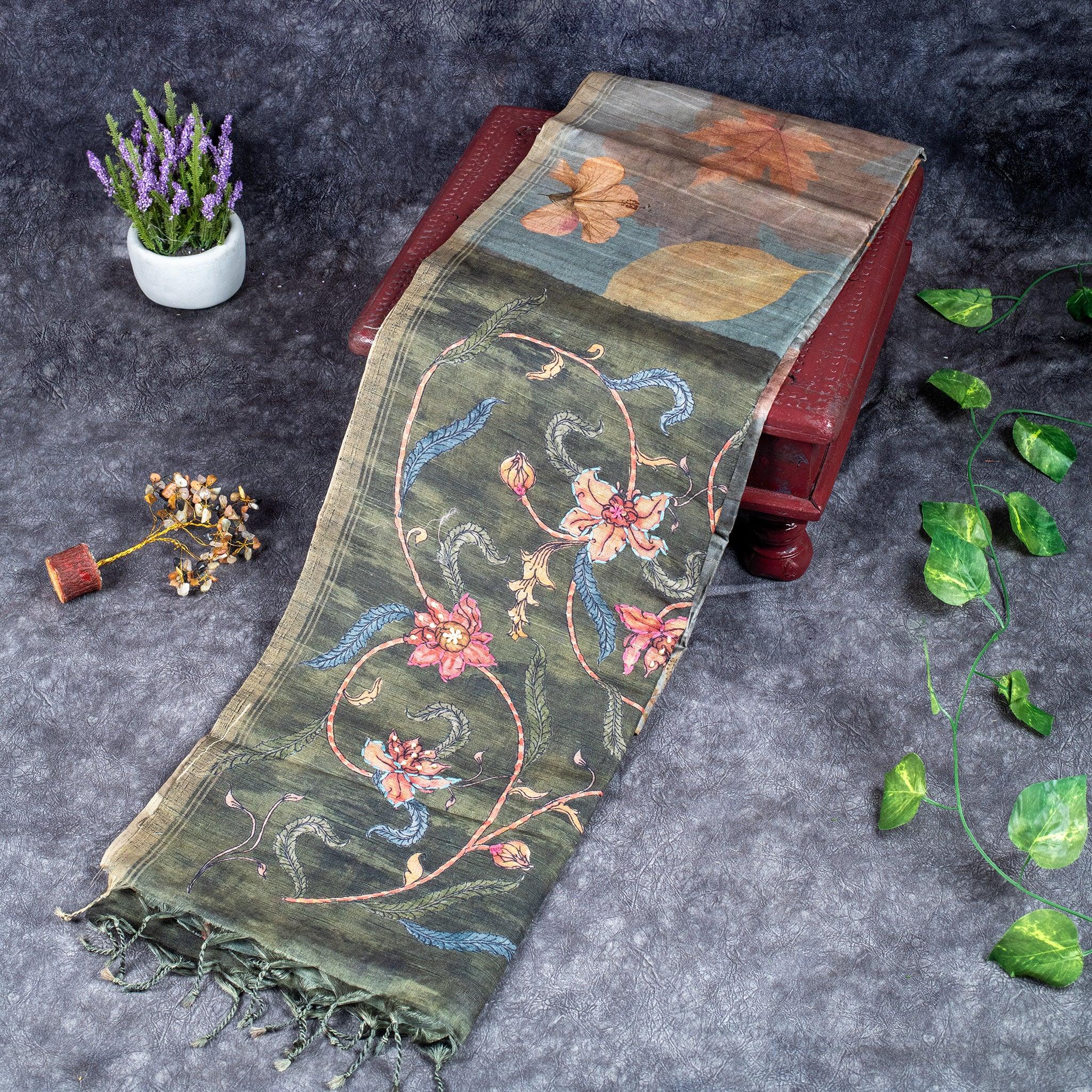Semi Tussar Silk Saree – Eco Digital Floral & Leaf Print - Kleem Boutique