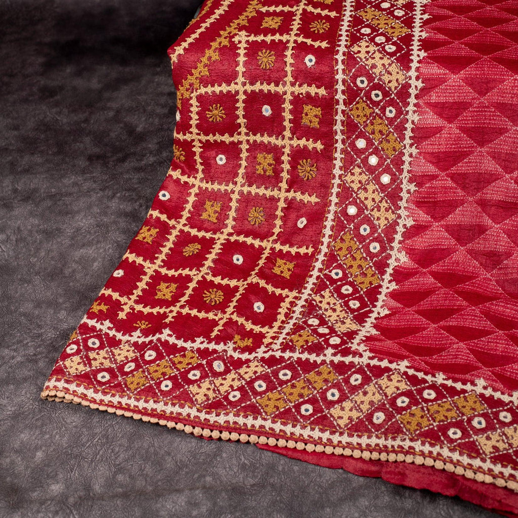 Pure Handloom Tussar Silk Deep Maroon Saree with Kutch Work & Mirror Embroidery - Kleem Boutique