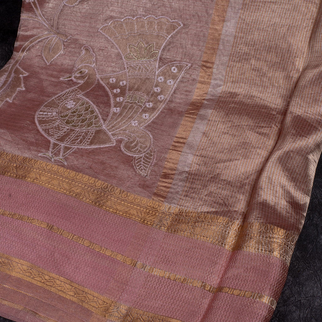 Pure Handloom Blush Pink Tissue Organza Saree – Peacock Appliqué - Kleem Boutique