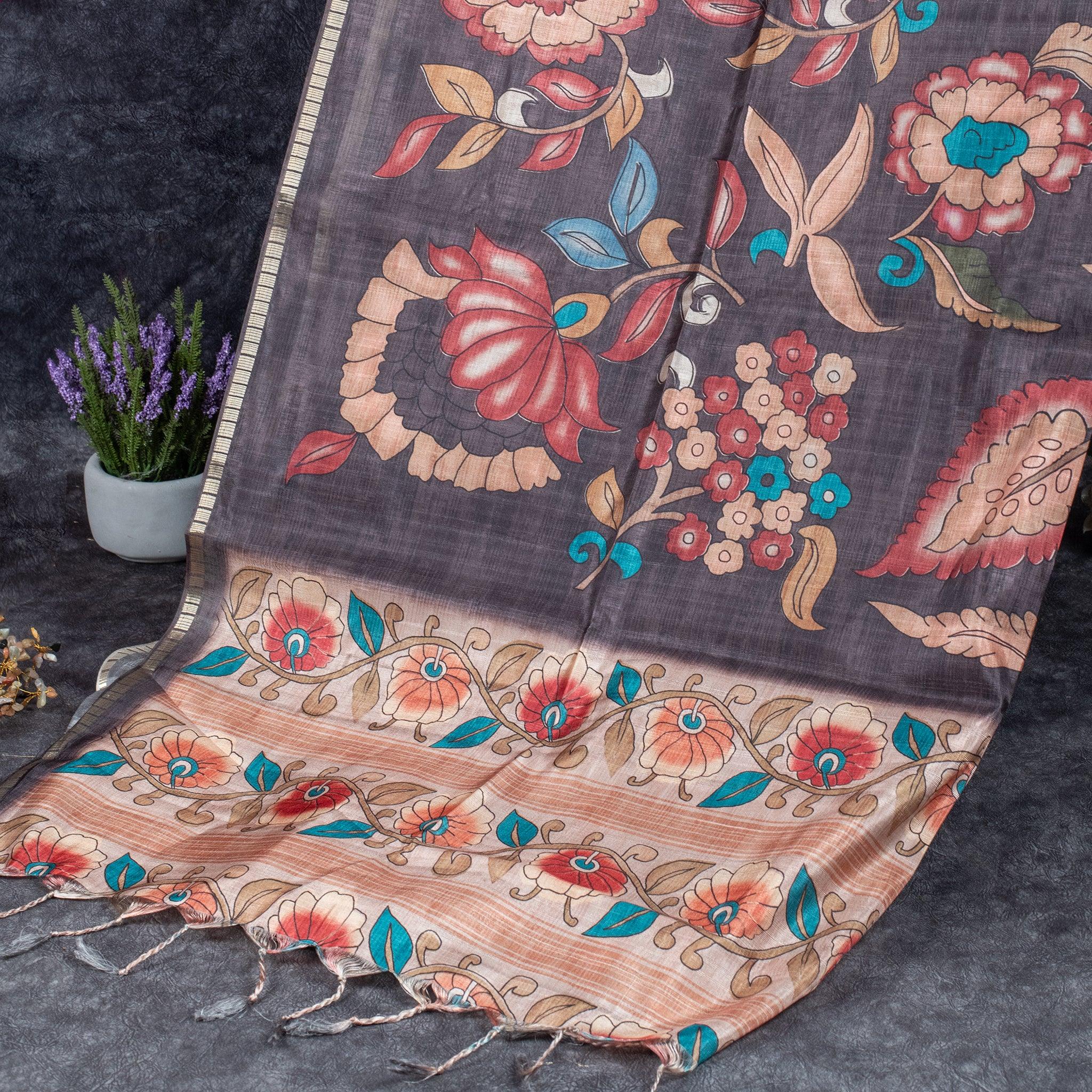 Semi Tussar Silk Saree – Kalamkari Floral Design with Zari Border - Kleem Boutique