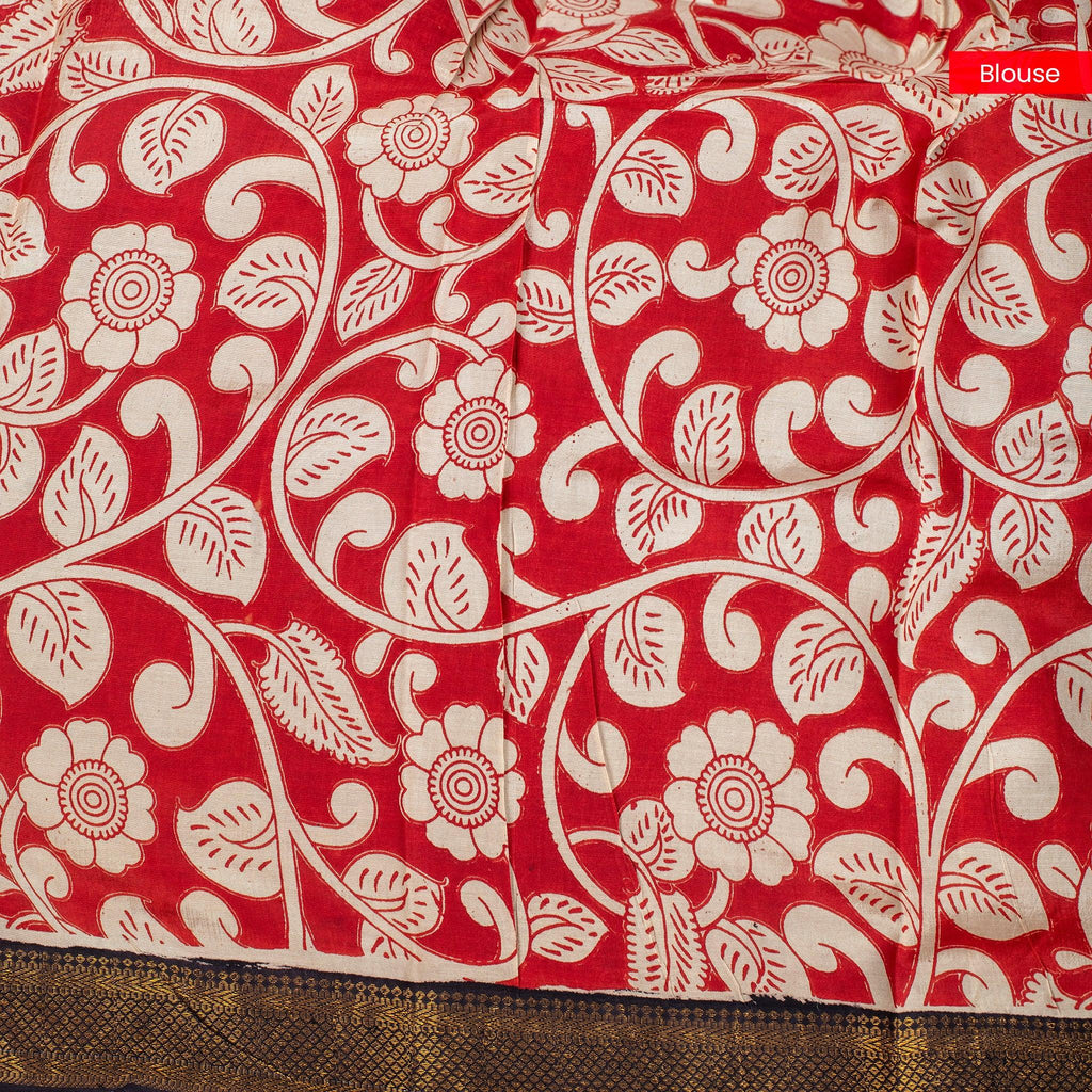 Pure Handloom Nizam Border Silk Saree with Kalamkari Print - Off White with Orange - Kleem Boutique