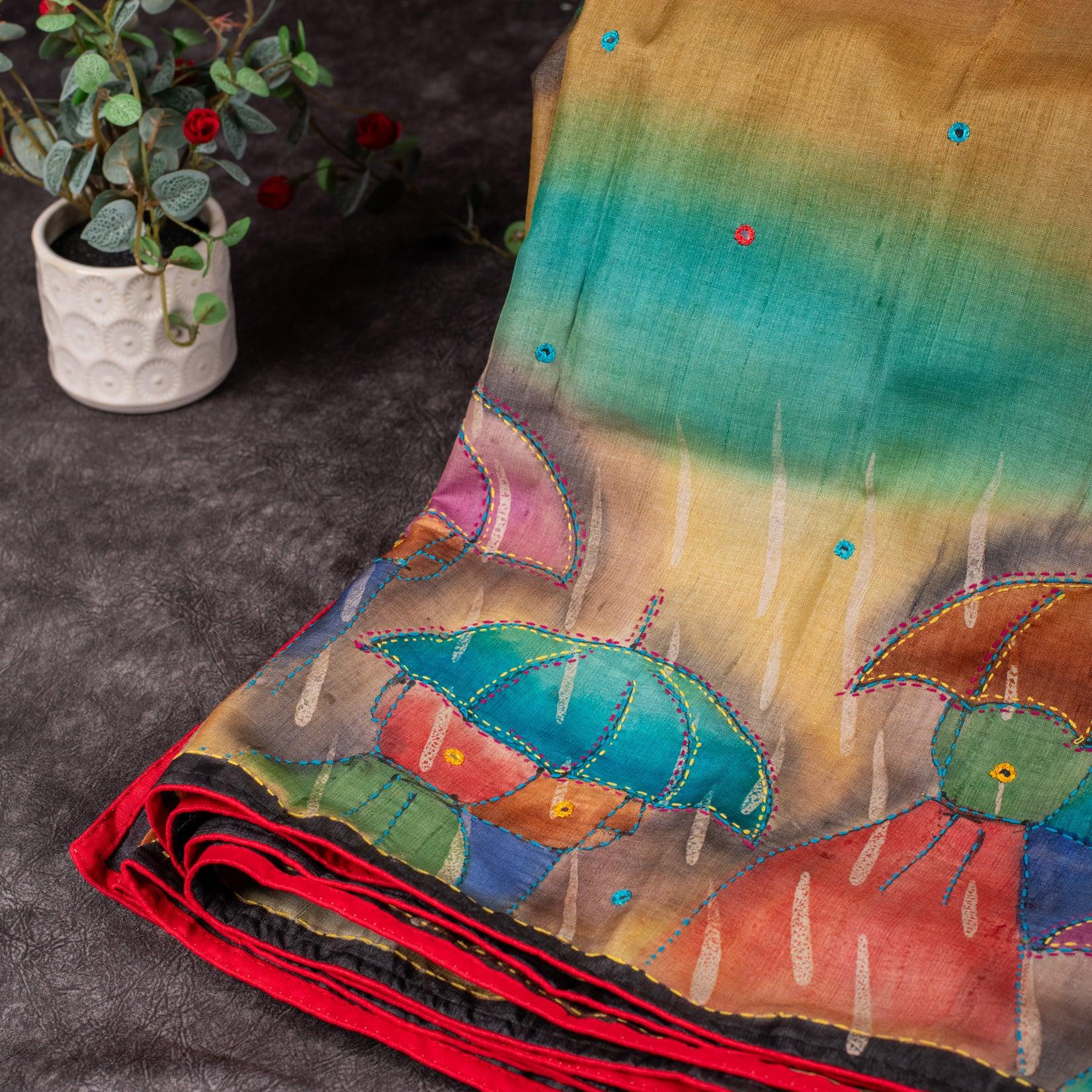 Pure Handloom Tussar Silk Multicolour Saree with Kantha & Mirror Work - Kleem Boutique