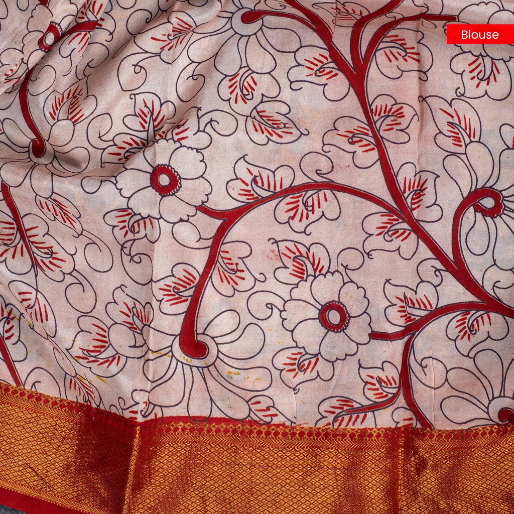 Pure Handloom Nizam Border Silk Saree with Kalamkari Print - Yellow & Red - Kleem Boutique