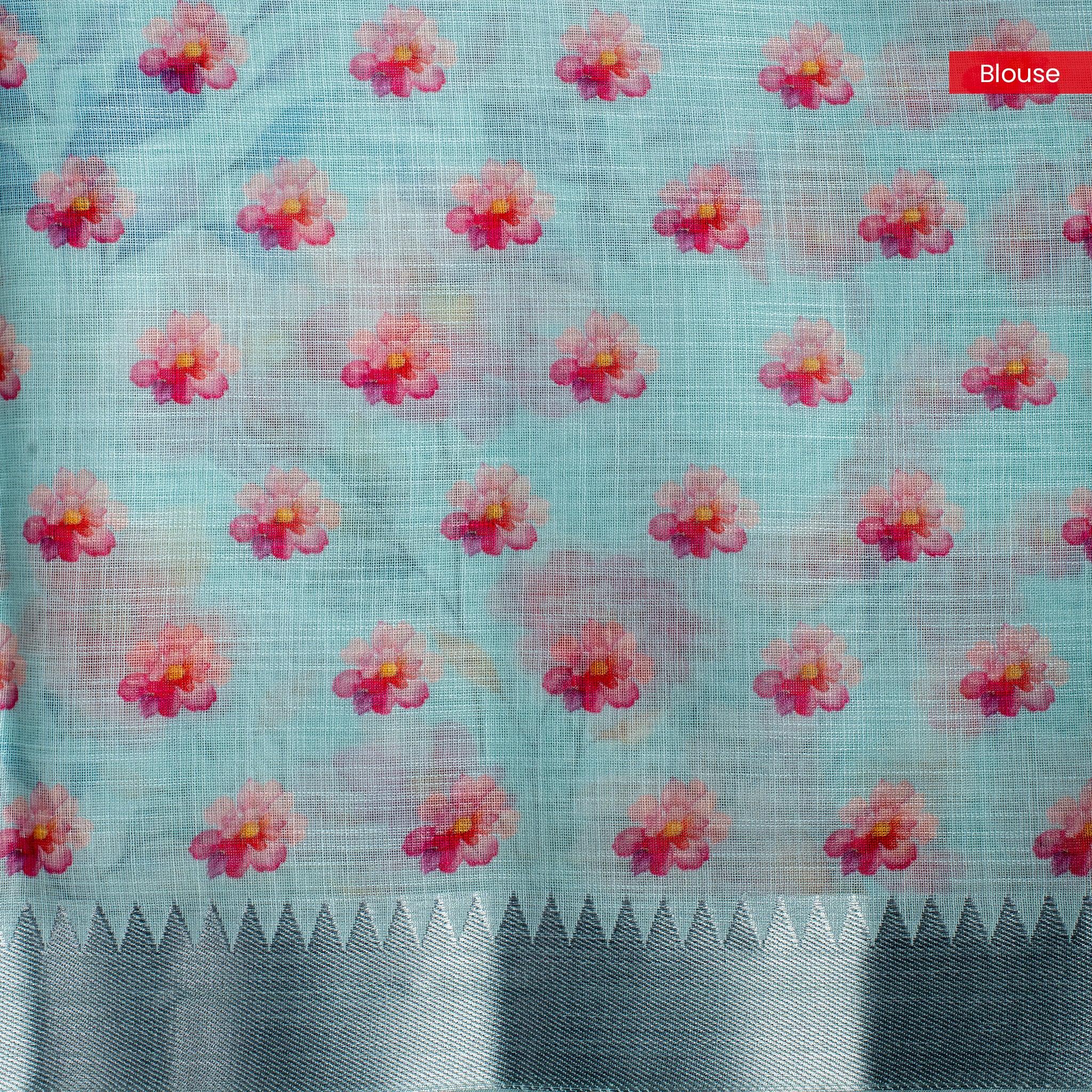 Semi Linen Silk Saree with Floral Embroidery – Sea Green - Kleem Boutique